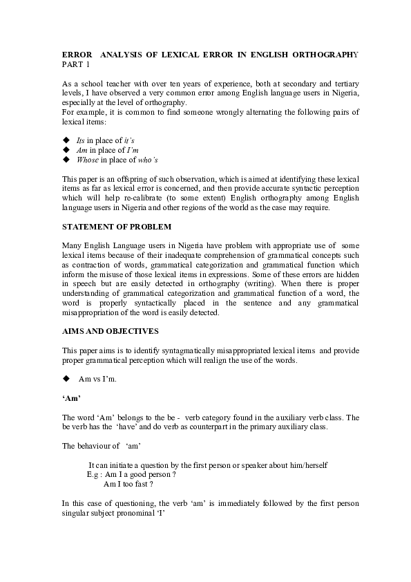 (PDF) ERROR ANALYSIS OF LEXICAL ERROR IN ENGLISH ORTHOGRAPHY PART 1