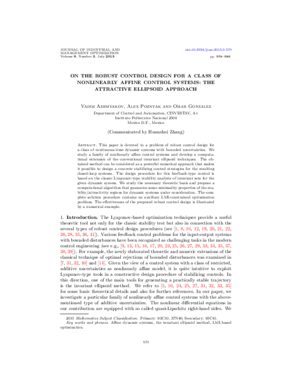 (PDF) On the robust control design for a class of nonlinearly affine ...