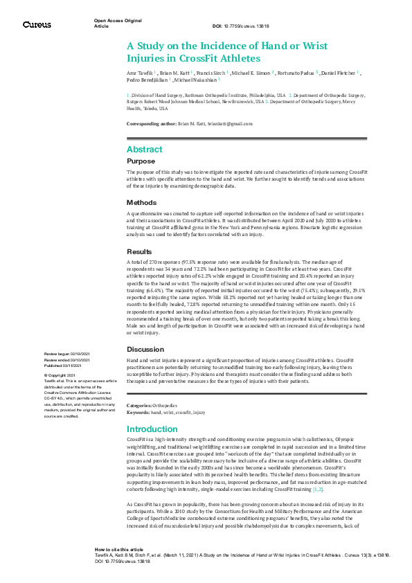 (PDF) A Study on the Incidence of Hand or Wrist Injuries in CrossFit ...
