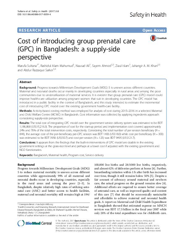 (PDF) Cost of introducing group prenatal care (GPC) in Bangladesh: a ...