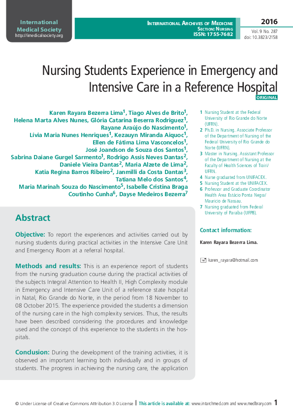 (PDF) Nursing Students Experience In Emergency And Intensive Care In A ...