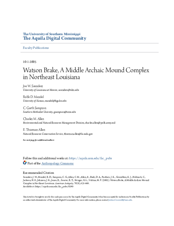 (PDF) Watson Brake, a Middle Archaic Mound Complex in Northeast