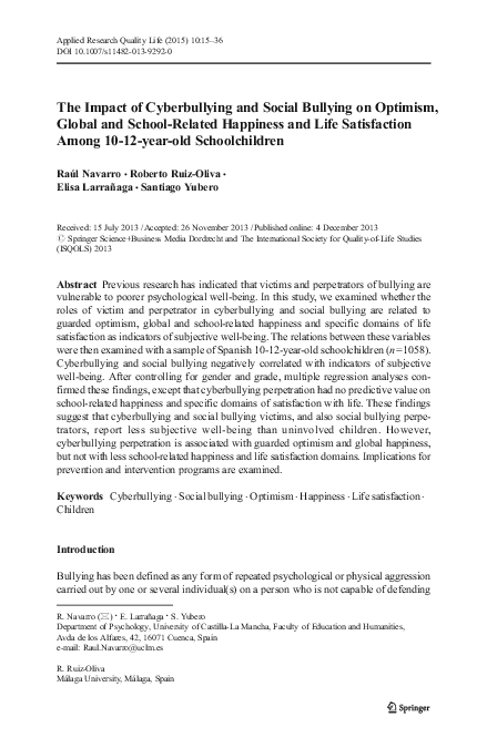 (PDF) The Impact of Cyberbullying and Social Bullying on Optimism ...