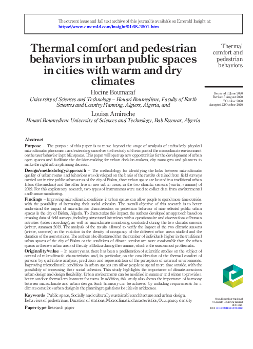 (PDF) Thermal comfort and pedestrian behaviors in urban public spaces ...