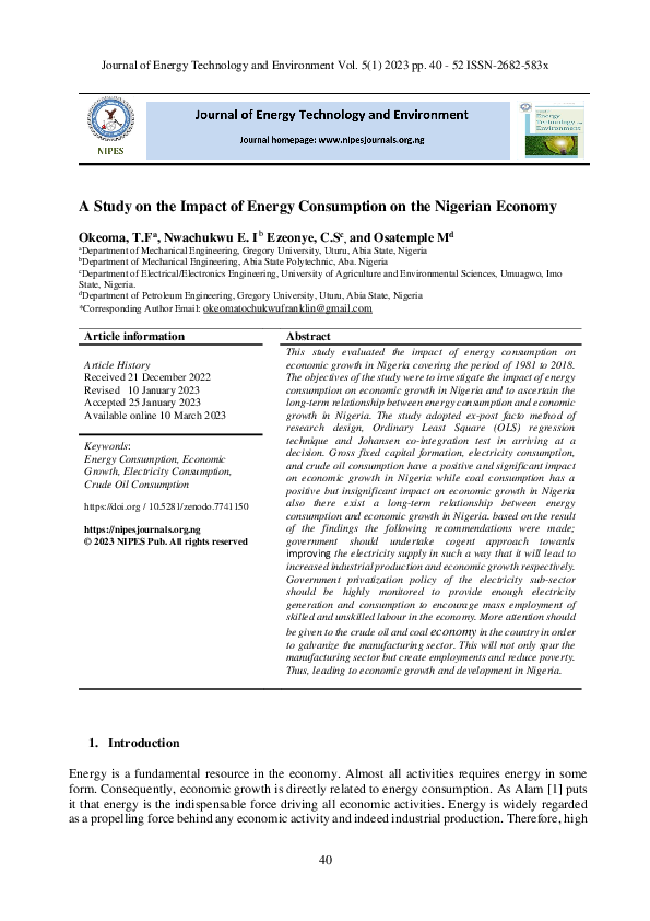 (PDF) A Study on the Impact of Energy Consumption on the Nigerian Economy