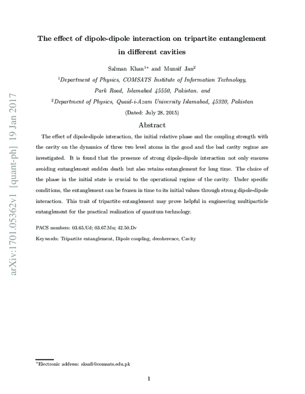 (PDF) The Effect of Dipole-Dipole Interaction on Tripartite ...