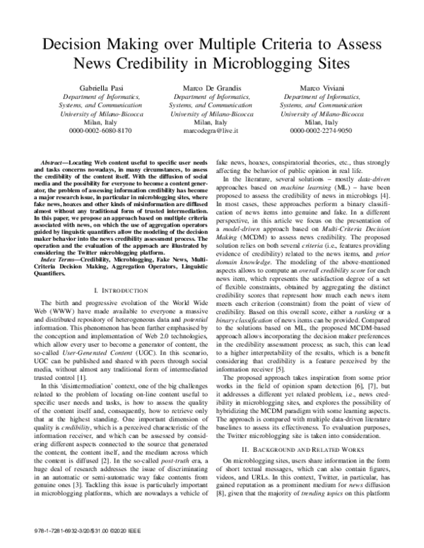 (PDF) Decision Making over Multiple Criteria to Assess News Credibility ...