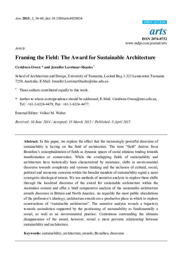 (PDF) Article Framing the Field: The Award for Sustainable Architecture