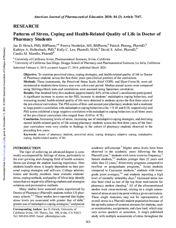 (PDF) Patterns of Stress, Coping and Health-Related Quality of Life in ...