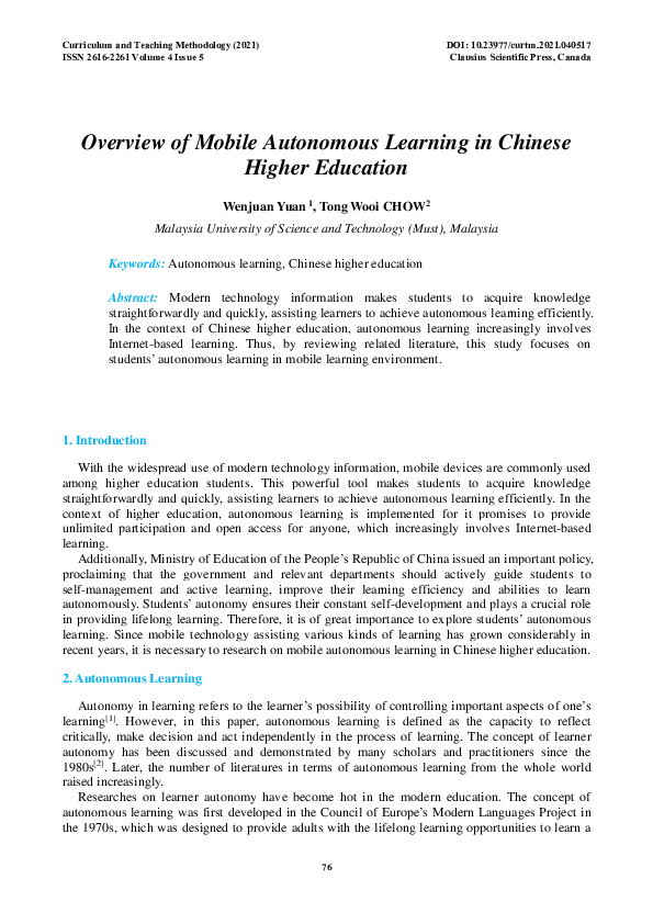 (PDF) Overview of Mobile Autonomous Learning in Chinese Higher Education