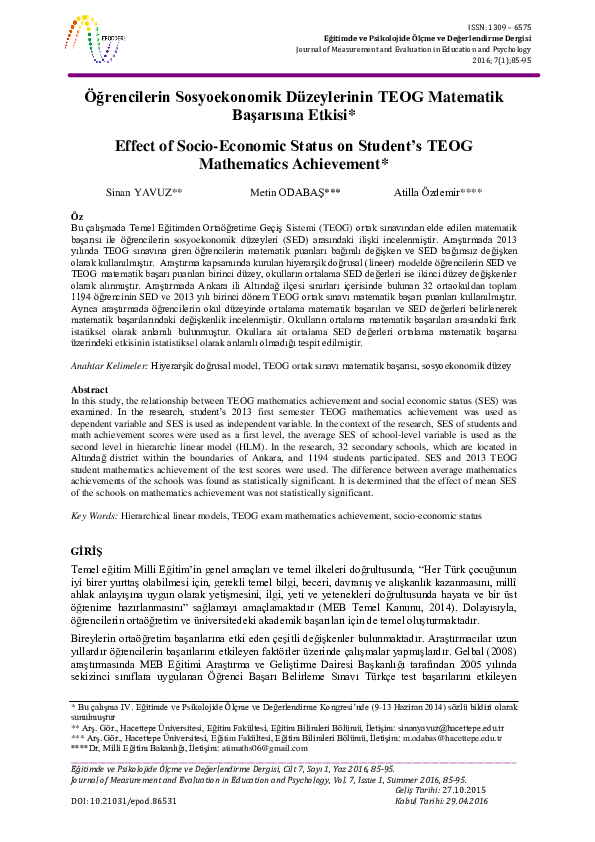 (PDF) Effect of Socio-Economic Status on Student’s TEOG Mathematics ...