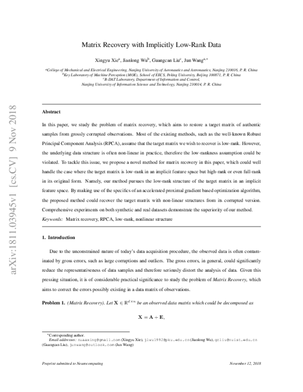 (PDF) Matrix recovery with implicitly low-rank data