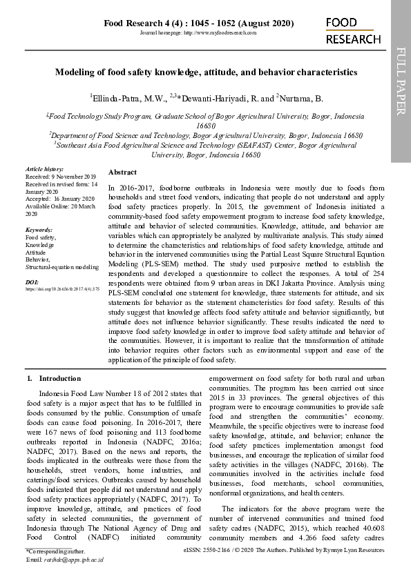 (PDF) Modeling of food safety knowledge, attitude, and behavior ...