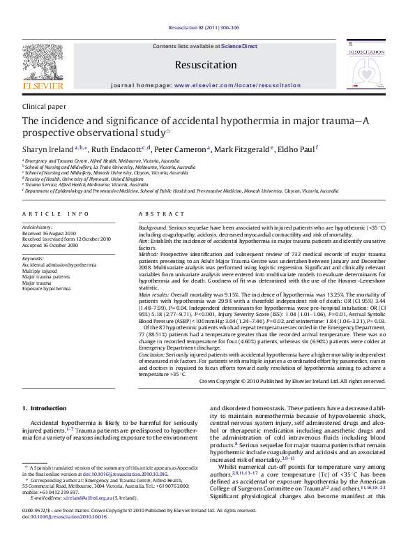 (PDF) The incidence and significance of accidental hypothermia in major ...