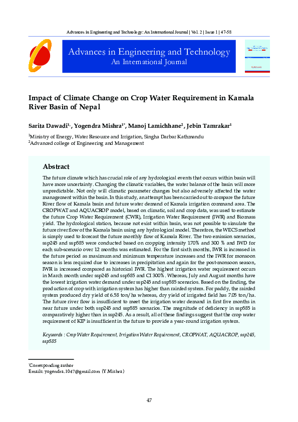 (PDF) Impact of Climate Change on Crop Water Requirement in Kamala ...