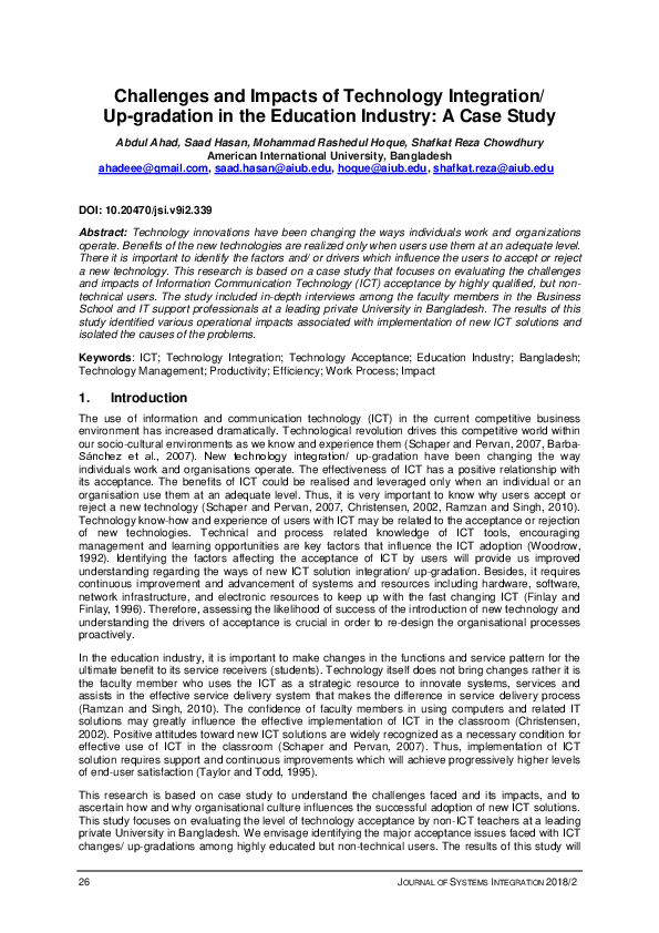 (PDF) Challenges and Impacts of Technology Integration/ Up-gradation in ...