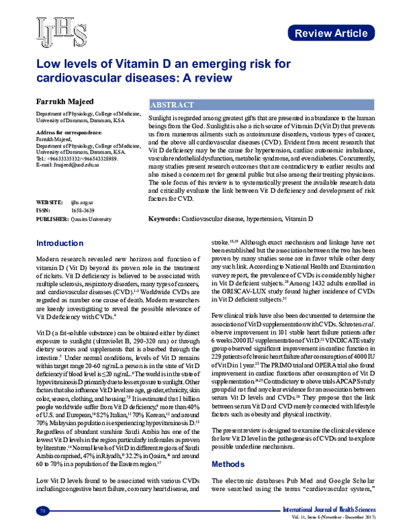 (PDF) Low levels of Vitamin D an emerging risk for cardiovascular ...
