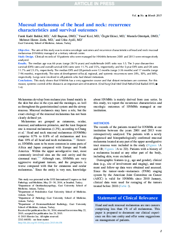 (PDF) Mucosal melanoma of the head and neck: recurrence characteristics ...