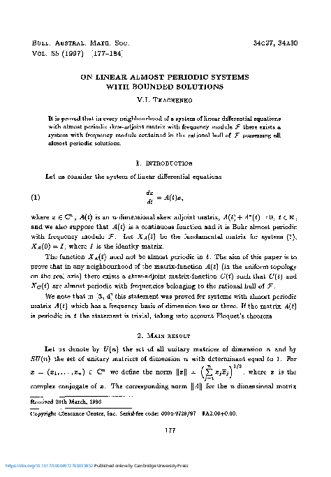 (PDF) On linear almost periodic systems with bounded solutions