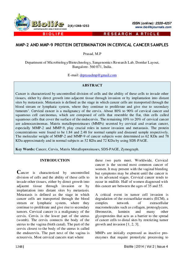 (PDF) MMP-2 AND MMP-9 PROTEIN DETERMINATION IN CERVICAL CANCER SAMPLES