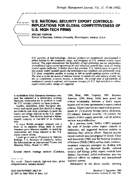 (PDF) U.S. national security export controls: Implications for global ...
