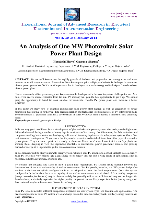 (PDF) An Analysis of One MW Photovoltaic Solar Power Plant Design