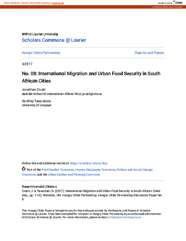 (PDF) No. 08: International Migration and Urban Food Security in South ...