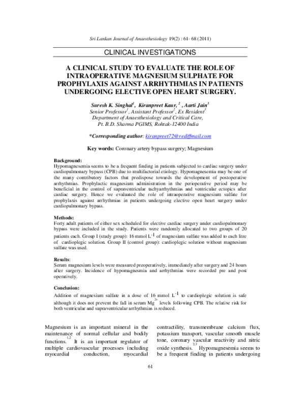 (PDF) Magnesium sulphate replacement therapy in cardiac surgery patients A systematic review