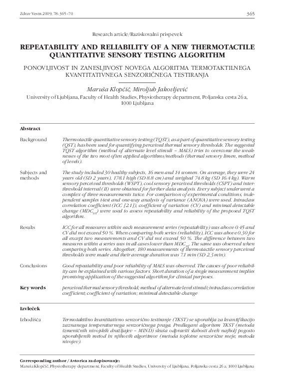 (PDF) Repeatability and Reliability of a New Thermotactile Quantitative ...