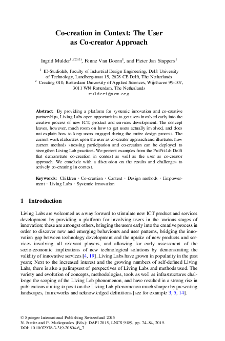 (PDF) Co-creation in Context: The User as Co-creator Approach