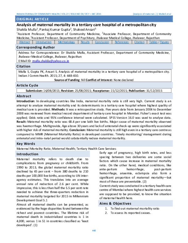 (PDF) Analysis of maternal mortality in a tertiary care hospital of a ...