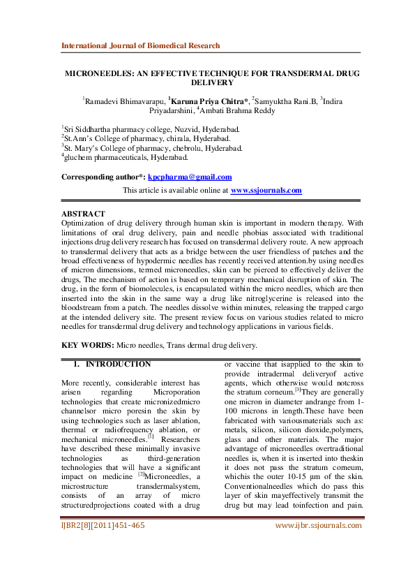 (PDF) Microneedles: An Effective Technique for Transdermal Drug Delivery
