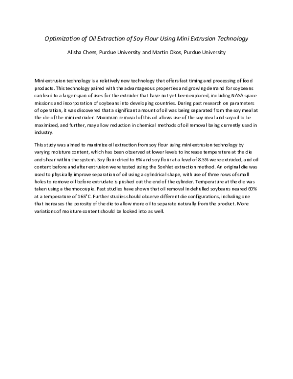 (PDF) Optimization of Oil Extraction of Soy Flour Using Mini Extrusion
