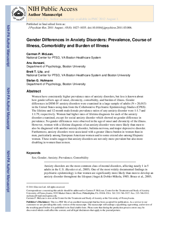 (PDF) Gender differences in anxiety disorders: Prevalence, course of ...