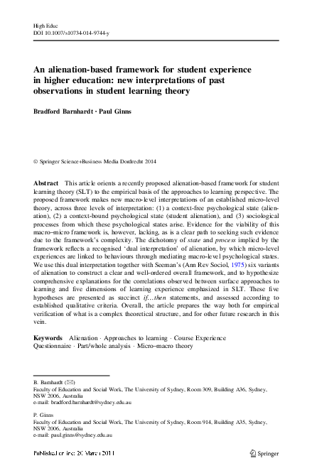 (PDF) An alienation-based framework for student experience in higher ...
