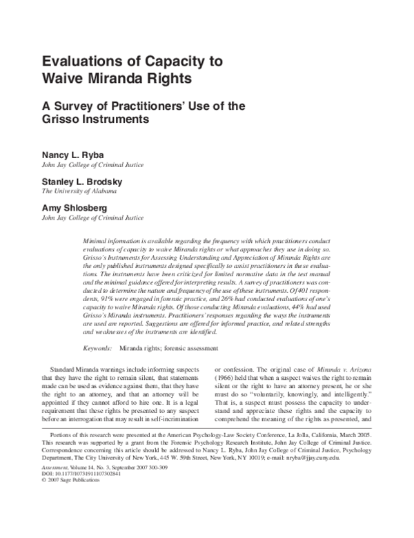 (PDF) Evaluations of Capacity to Waive Miranda Rights