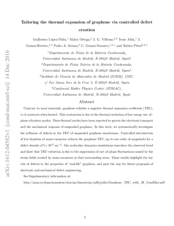(PDF) Tailoring the thermal expansion of graphene via controlled defect ...