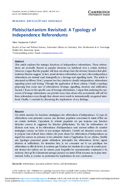 Plebiscitarianism Revisited: A Typology of Independence Referendums