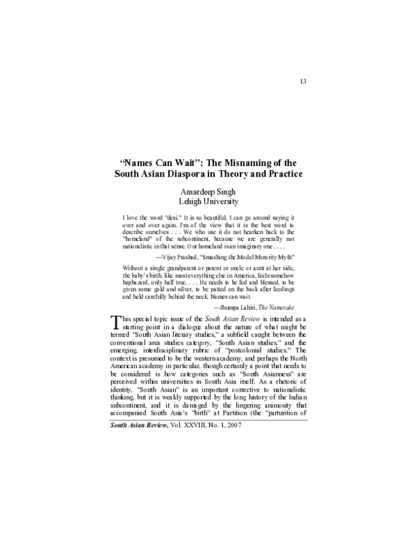 (PDF) “Names Can Wait”: the Misnaming of the South Asian Diaspora in ...