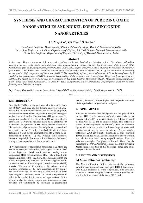 (PDF) Synthesis and Characterization of Pure Zinc Oxide Nanoparticles ...