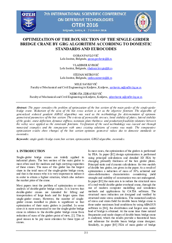 (PDF) OPTIMIZATION OF THE BOX SECTION OF THE SINGLE-GIRDER BRIDGE CRANE ...