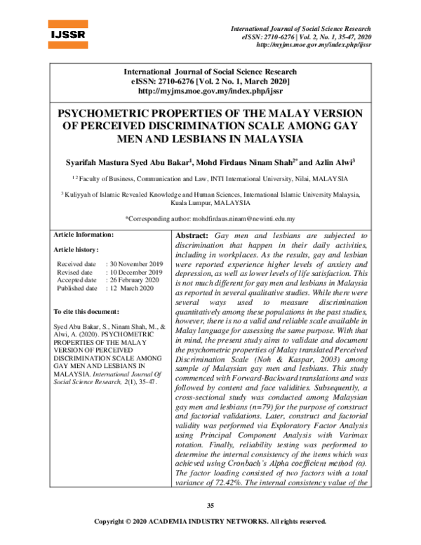(PDF) Psychometric Properties of The Malay Version of Perceived ...