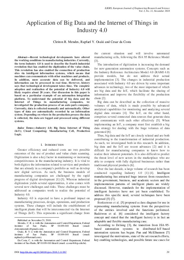 (PDF) Application of Big Data and the Internet of Things in Industry 4.0
