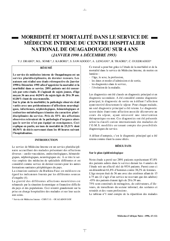 (PDF) Morbidité et Mortalité Dans Le Service De Médecine Interne Du ...