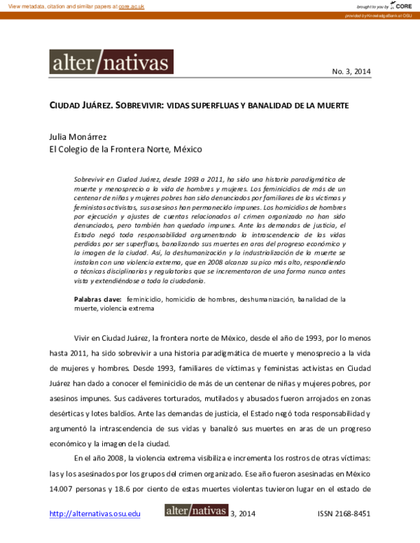 (PDF) Ciudad Juárez. Sobreviver: vidas superfluas y banalidad de la muerte