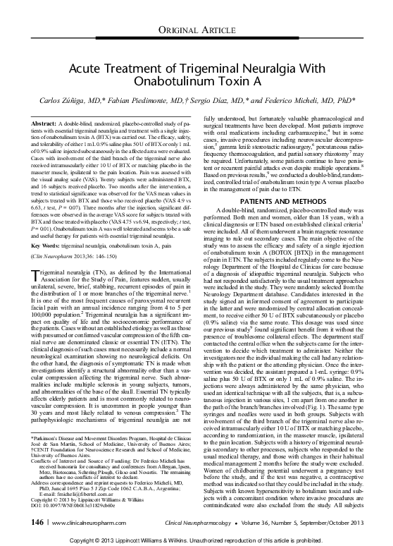(PDF) Acute Treatment of Trigeminal Neuralgia With Onabotulinum Toxin A