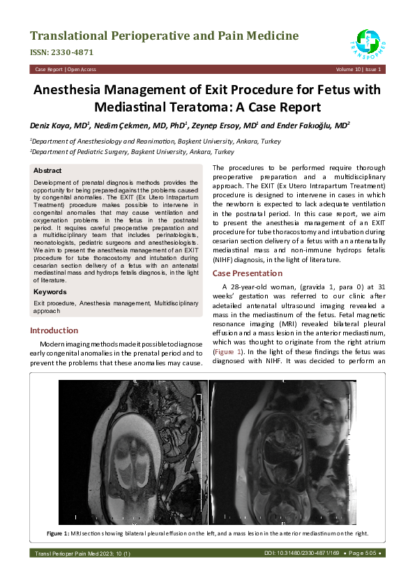 (PDF) Anesthesia Management of Exit Procedure for Fetus with
