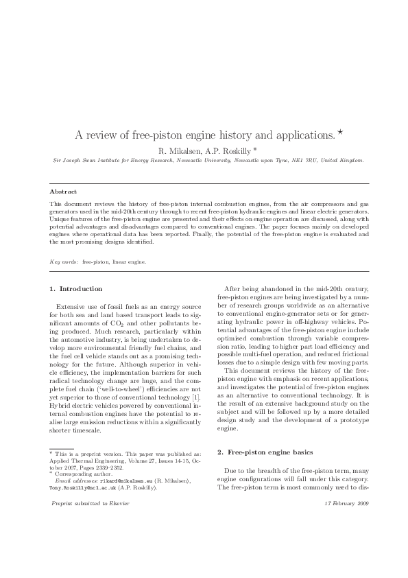 (PDF) A review of free-piston engine history and applications