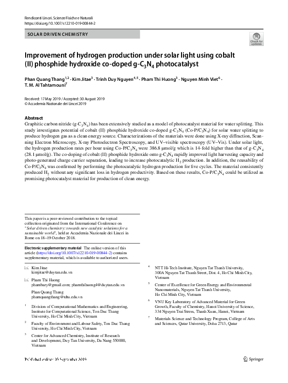 (PDF) Improvement of hydrogen production under solar light using cobalt ...