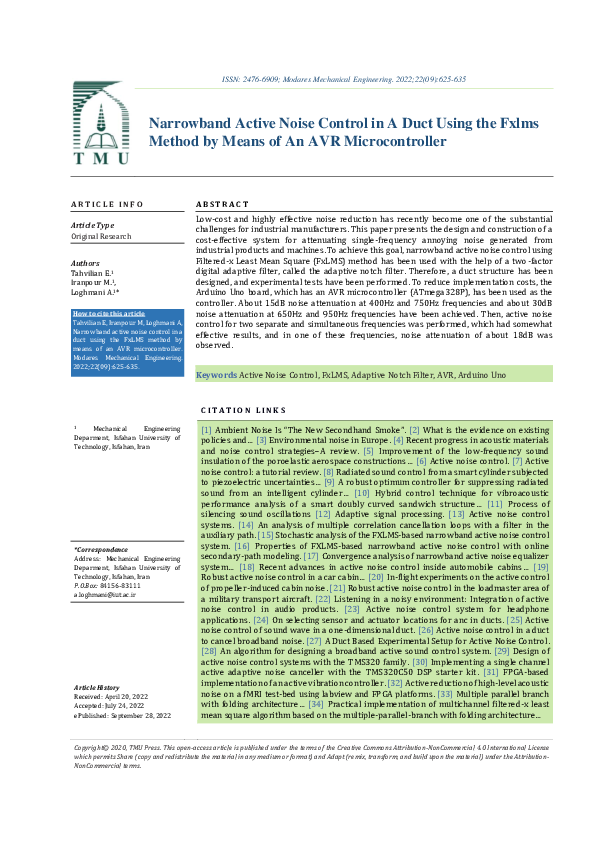 (PDF) Narrowband active noise control in a duct using FxLMS method ...